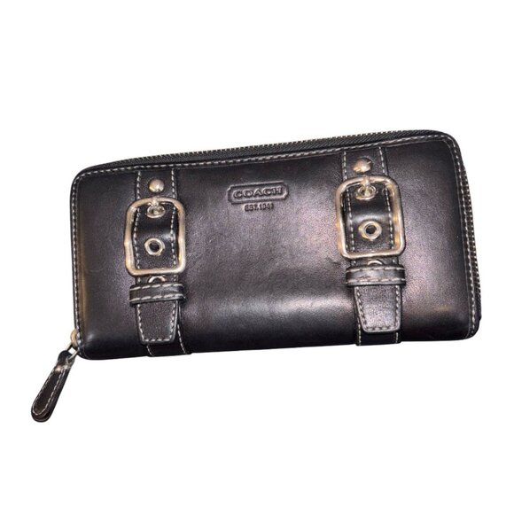 Coach Zoe Vtg Double Buckle Black Leather / Pink Interior, Continental Wallet - Picture 1 of 6